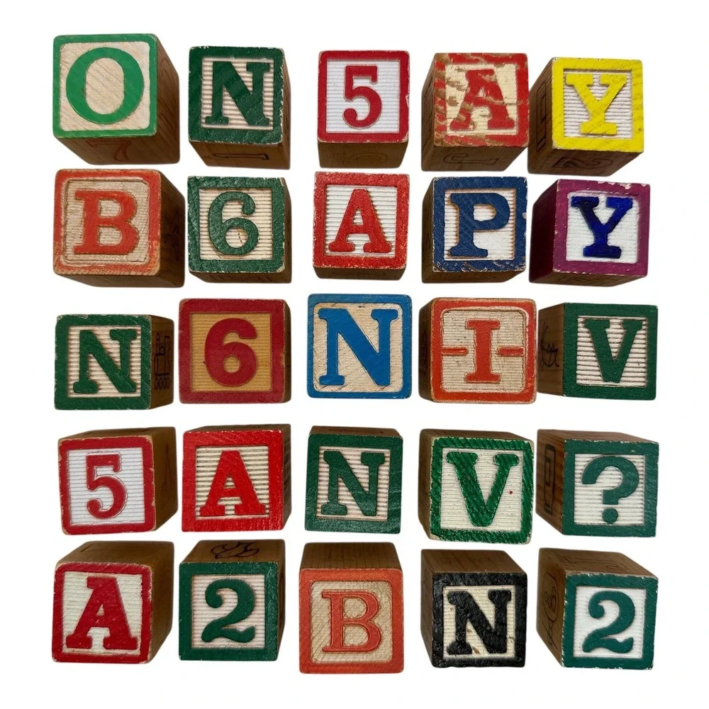 Vintage Wooden Alphabet Blocks Set Carved Letters Numbers‎ Animals 1.2